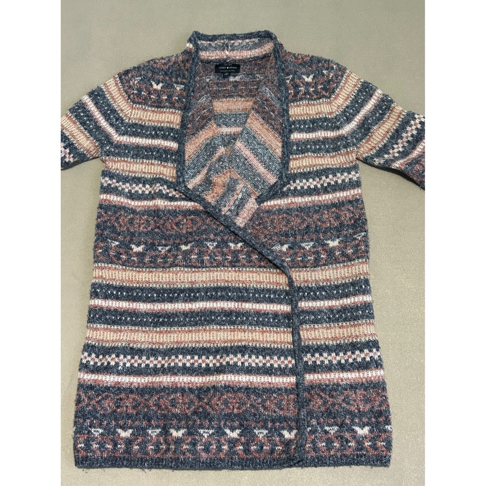 Lucky Brand Womens Fair Isle Striped Open Front Cardigan Sweater Blue Rust M - Picture 7 of 8